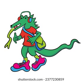a lizard in a T-shirt and sneakers listens to music on headphones in vector. subcultural character in flat style. icon template for print website app poster sticker. children teen icons series