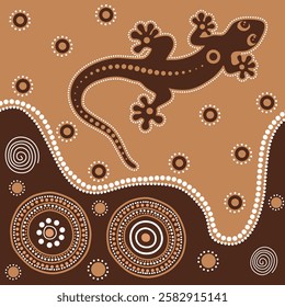 Lizard vector, Aboriginal art background with lizard, Illustration based on aboriginal style of dot painting vector.