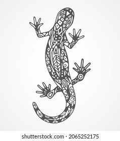 Lizard. Dibujo vectorial con patrón en el cuerpo al estilo de un tatuaje tribal. Posición del cuerpo curvo, vista superior. Lagartija negra con un patrón blanco decorativo. Tatuaje reptil. Logo para el diseño animal. 