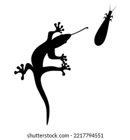 Silueta vectorial de lagarto sobre fondo blanco. Los lagartos atrapan insectos con sus lenguas.