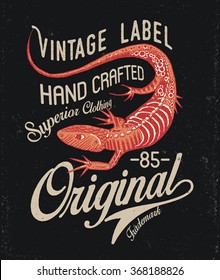 Lizard vintage t-shirt design badge. Can be used for print or otter purposes. Template. Vector illustration isolated on black.