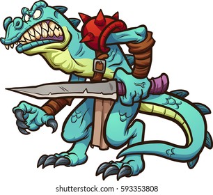 Lizard warrior. Vector clip art illustration with simple gradients. All in a single layer. 