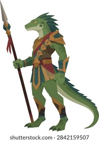 lizardfolk side profile with spear, full body reptilian warrior, fantasy vector illustration