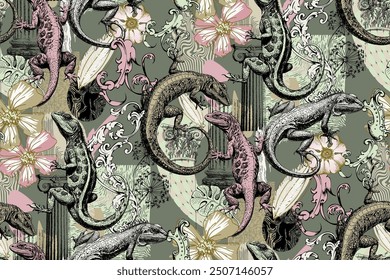 Lizards, antique columns and plants. Seamless pattern. Suitable for fabric, wrapping paper.