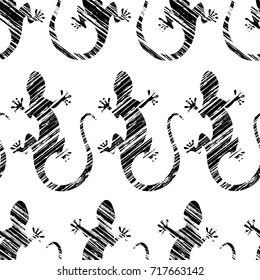 Lizards - black and white grunge seamless pattern with diagonal shading