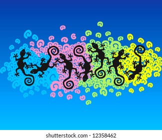 Lizards floating over multicolor spirals