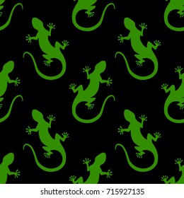 Lizards - green seamless pattern on the black background