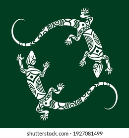 Lizards illustration Maori style. Round emblem or logo. White on green background.