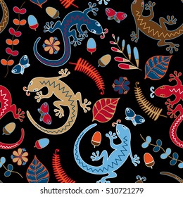 Lizards, leaves, flowers and acorns on a black background. Seamless pattern.