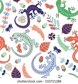 Lizards, leaves, flowers and acorns on a white background. Seamless pattern.