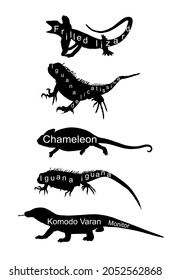 Lizards reptile set symbols. Frilled lizard symbol. Pet iguana silhouette. Chameleon shape shadow. Komodo dragon vector silhouette illustration isolated on white background. Varanus Komodo monitor.  