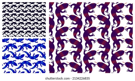 Lizards seamless textile set, vector background with a lot of reptiles endless texture, stylish fabric or wallpaper design, dangerous wild animals.