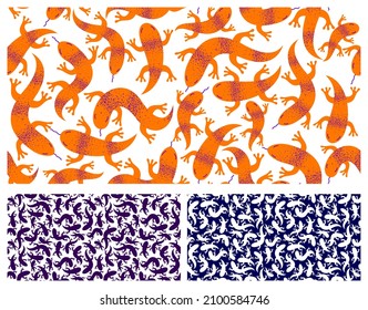 Lizards seamless textile, vector background with a lot of reptiles endless texture, stylish fabric or wallpaper design, dangerous wild animals.