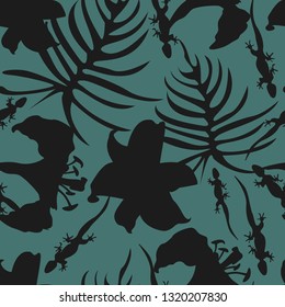 Lizards Shadow of lizards and vegetation shining through the glass. Lily flowers. Monstera leaves. Stopping lizards. Seamless pattern.Print for clothing and textiles