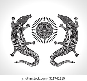 lizards and sun. Vector drawing in ethnic style