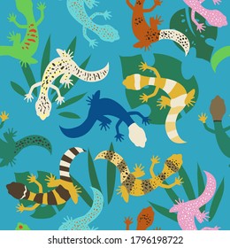 Lizards and tropical leaves seamless pattern. Colorful reptiles exotic illustration on blue background. - Vector