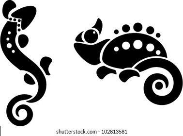 Lizards. The vector illustration of a lizard and chameleon in tribal style. Useful for tattoo.