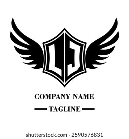 LJ bold shield logo with wings, customizable with letters A to Z. Perfect for brands seeking a powerful symbol of strength, freedom, and ambition