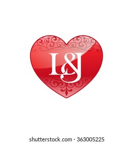 L&J initial letter couple logo with ornament heart shape