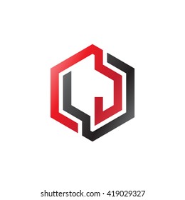 LJ initial letters looping linked hexagon logo black red
