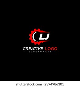 LJ initial monogram for automotive logo with gear wheel image design vector