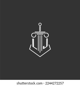 Firma de leyes de monograma inicial de LJ con diseño de logo de espada y pilar