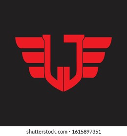 LJ Logo monogram with emblem and wings element design template on red colors