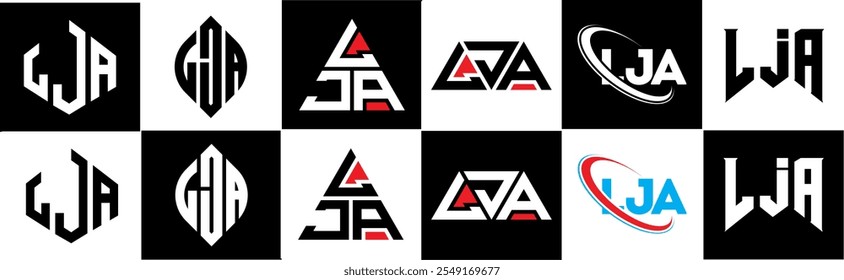 LJA letter logo design in six style. LJA polygon, circle, triangle, hexagon, flat and simple style with black and white color variation letter logo set in one artboard. LJA minimalist and classic logo