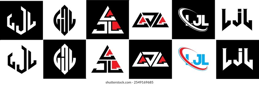 LJL letter logo design in six style. LJL polygon, circle, triangle, hexagon, flat and simple style with black and white color variation letter logo set in one artboard. LJL minimalist and classic logo