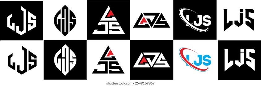 LJS carta logotipo design em seis estilo. Polígono LJS, círculo, triângulo, hexágono, estilo simples e plano com logotipo de letra de variação de cor preto e branco definido em uma prancheta. Logotipo minimalista e clássico do LJS