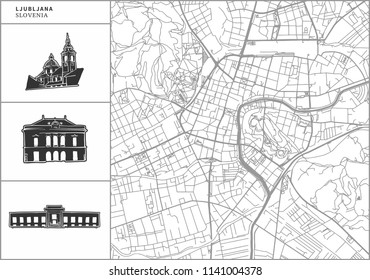 Ljubljana city map with hand-drawn architecture icons. All drawigns, map and background separated for easy color change. Easy repositioning in vector version.