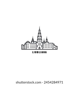 Ljubljana cityscape skyline city panorama vector flat modern logo icon. Slovenia capital emblem idea with landmarks and building silhouettes. Isolated thin line graphic