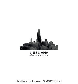 Ljubljana panorama, vector badge, skyline logo and icon. Slovenia capital city horizon logotype with landmarks and building silhouettes. Isolated foggy abstract gradient graphic