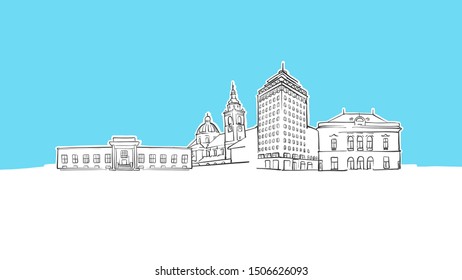 Ljubljana Skyline Panorama Vector Sketch. Hand-drawn Illustration on blue background.
