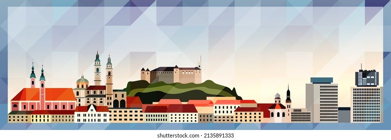 Ljubljana skyline vector colorful poster on beautiful triangular texture background