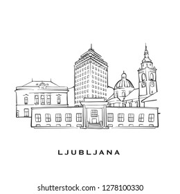 Ljubljana Slovenia famous architecture. Outlined vector sketch separated on white background. Architecture drawings of all European capitals.