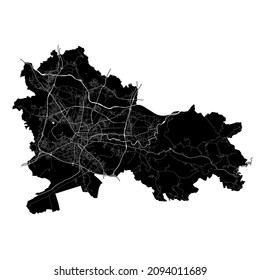 Ljubljana, Slovenia, high resolution vector map with city boundaries, and editable paths. The city map was drawn with white areas and lines for main roads, side roads and watercourses on black
