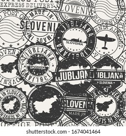 Ljubljana, Slovenia Stamps Background. A City Stamp Vector Art. Set of Postal Passport Travel. Design Set Pattern.