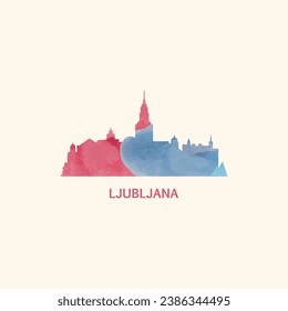  Ljubljana watercolor cityscape skyline city panorama vector flat modern logo, icon. Slovenia capital emblem concept with landmarks and building silhouettes. Isolated graphic