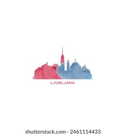 Ljubljana watercolor cityscape skyline city panorama vector flat modern logo, icon. Slovenia capital emblem concept with landmarks and building silhouettes. Isolated colorful graphic