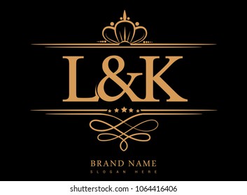 L&K Initial logo, Ampersand initial logo gold with crown and classic pattern
