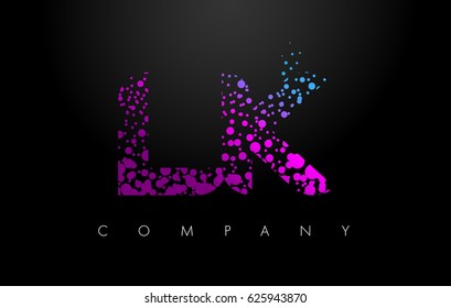 LK L K Letter Logo with Purple Blue Particles and Bubble Dots Design Vector.