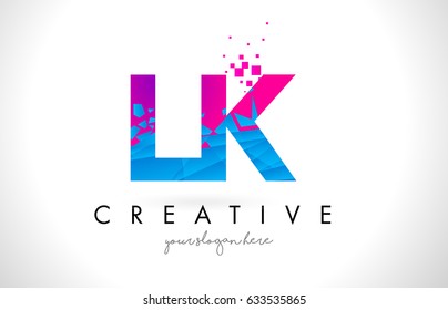 LK L K Letter Logo with Broken Shattered Blue Pink Triangles Texture Design Vector Illustration.