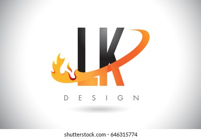 LK L K Letter Logo Design with Fire Flames and Orange Swoosh Vector Illustration.