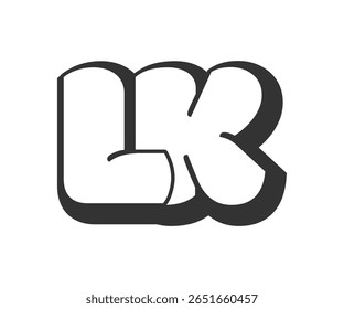 LK logo, bubble comic lettering, rounded in graffiti style black and white silhouette. Trendy preschool L and K letter text for festival party, personal initials, children funky print and web.
