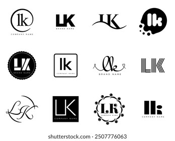 LK logo company template. Letter l and k logotype. Set different classic serif lettering and modern bold text with design elements. Initial font typography. Collection trendy business identity.