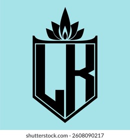 LK Logo featuring a minimalist design with a crown-like flower symbol on top, bold black elements, and a soft blue background, perfect for branding and modern visual identity.