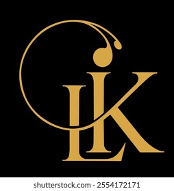 LK logo golden color with black background. Abstract logo art with alphabets L and K. branding custom concept for feminine fashion. future hand drawn graphic letter k logo icon