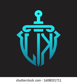 LK Logo monogram with sword and shield combination isolated blue colors gradient