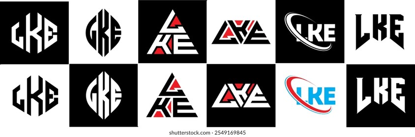 LKE letter logo design in six style. LKE polygon, circle, triangle, hexagon, flat and simple style with black and white color variation letter logo set in one artboard. LKE minimalist and classic logo